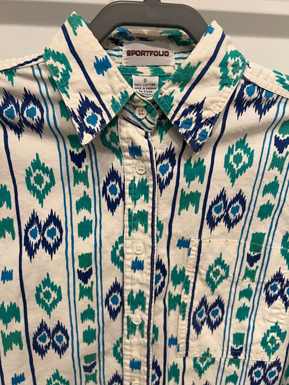 Vintage Southwestern Button-Up Shirt in Teal & Navy Ikat Print Small - Picture 5 of 6